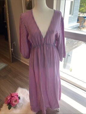 100% Cotton Striped V-Neck Long Sleeve Women’s Dress in Pink and Blue